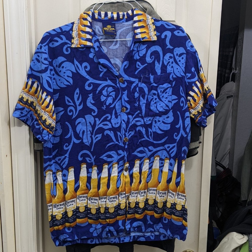 Corona Extra Men's Aloha Hawaiian Button Down Short Sleeve Shirt Size Large
